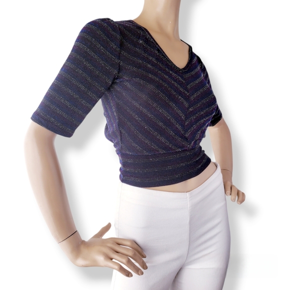70s Retro Inspired Blue, Purple & Silver Striped Metallic Open Back Blouse - Picture 3 of 8